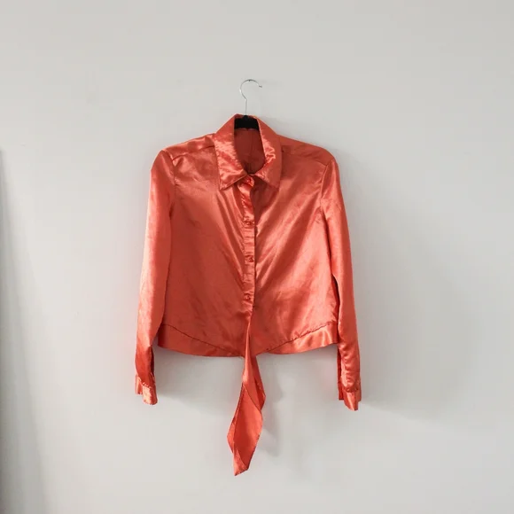 SOLD-Vintage 1950s Orange Satin Tie Front Western Crop Top / Shiny Dagger - Picture 2 of 9
